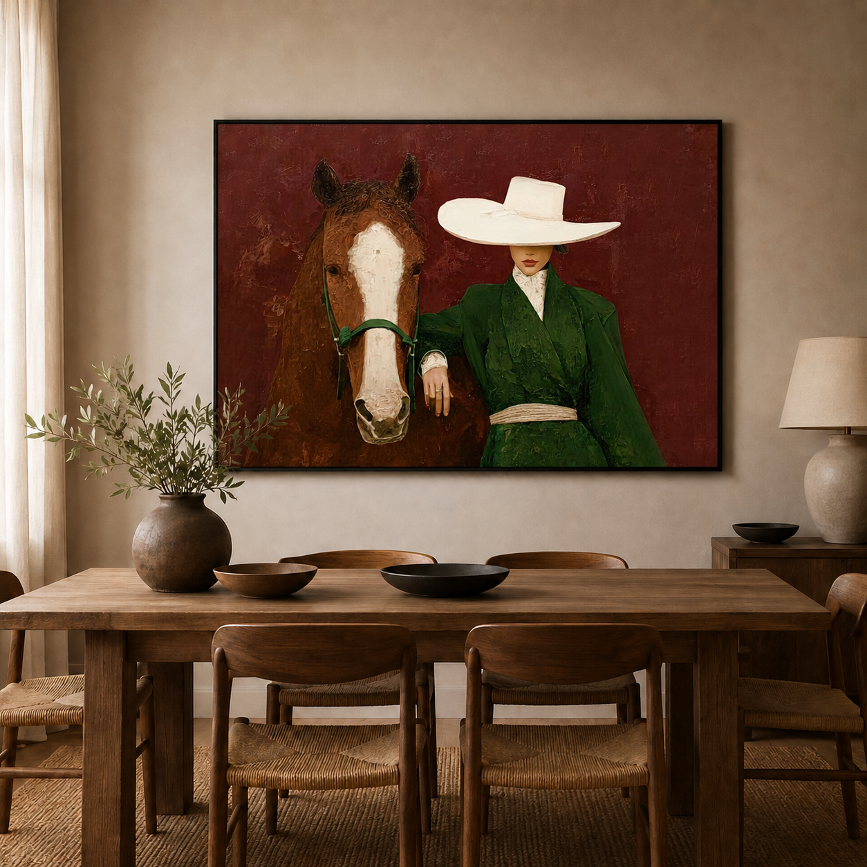 Elegant Woman With Horse Painting In Green Coat And Crimson Background For Living Room Decor