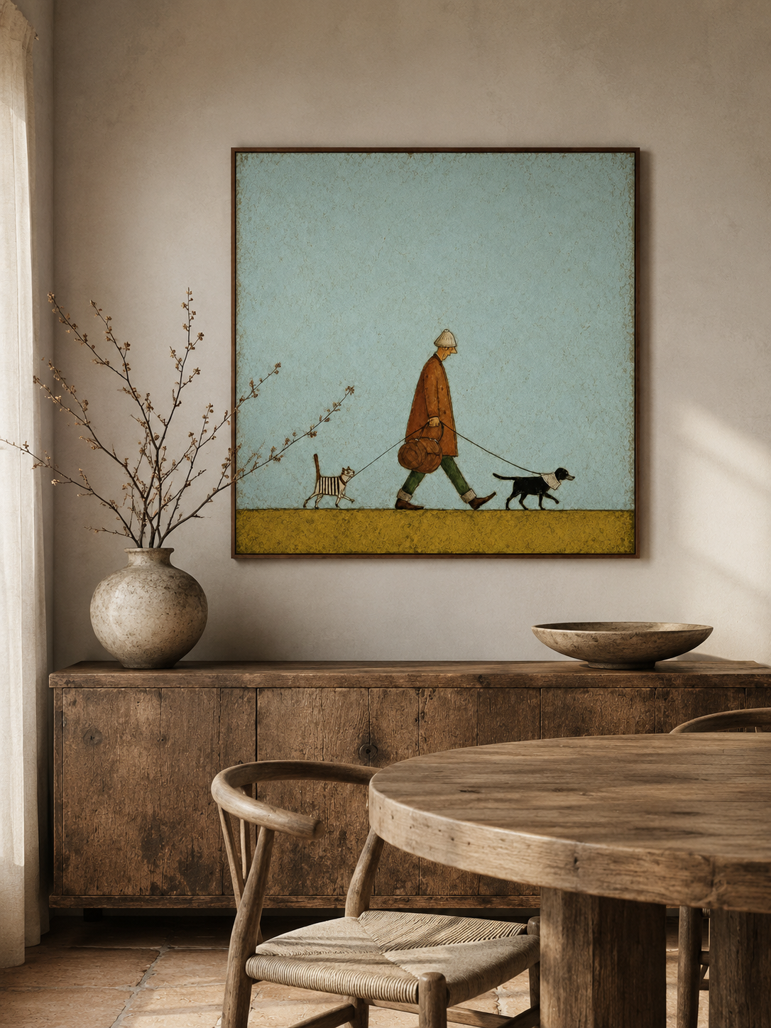 Vintage Style Oil Painting Of Man Walking Cat And Dog For Pet Lovers Home Decor