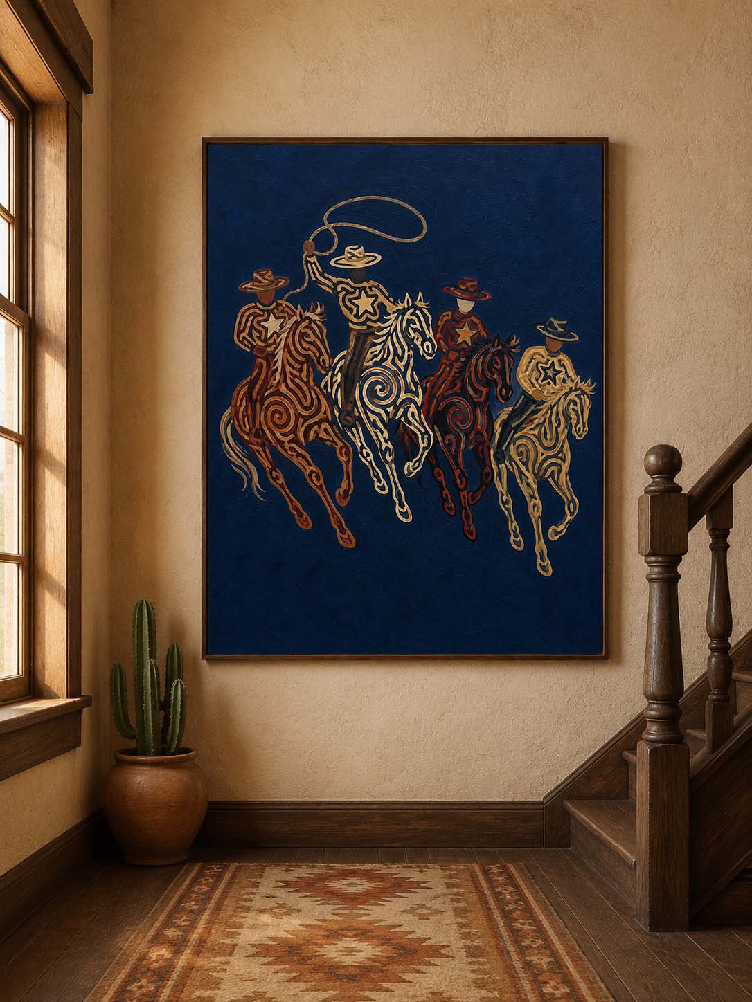 Navy Western Cowboy Oil Painting, Lasso Horse Wall Art, Southwestern Rodeo Hand Painted Decor