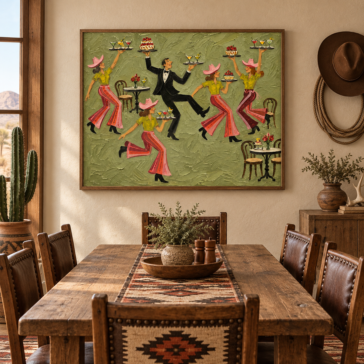 Sage Green Parisian Cafe Wall Art, French Bistro Waiter Painting Restaurant Dining Art