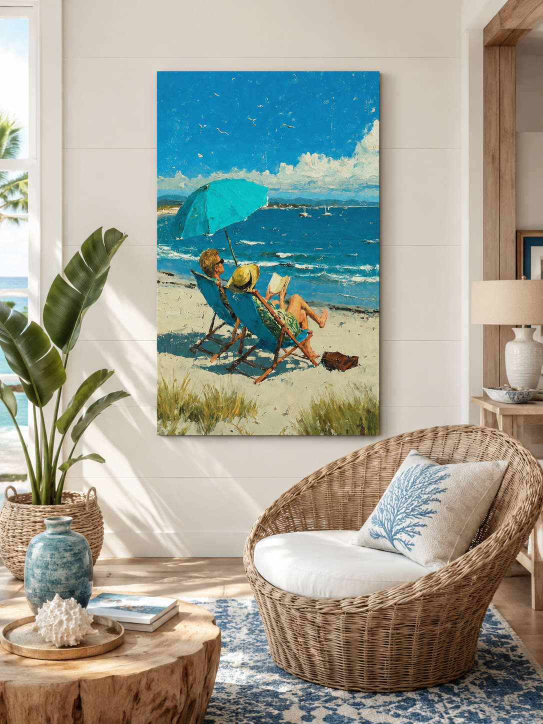 Original Beach Scene Oil Painting With Blue Sea And Umbrella For Coastal Living Room Wall Decor