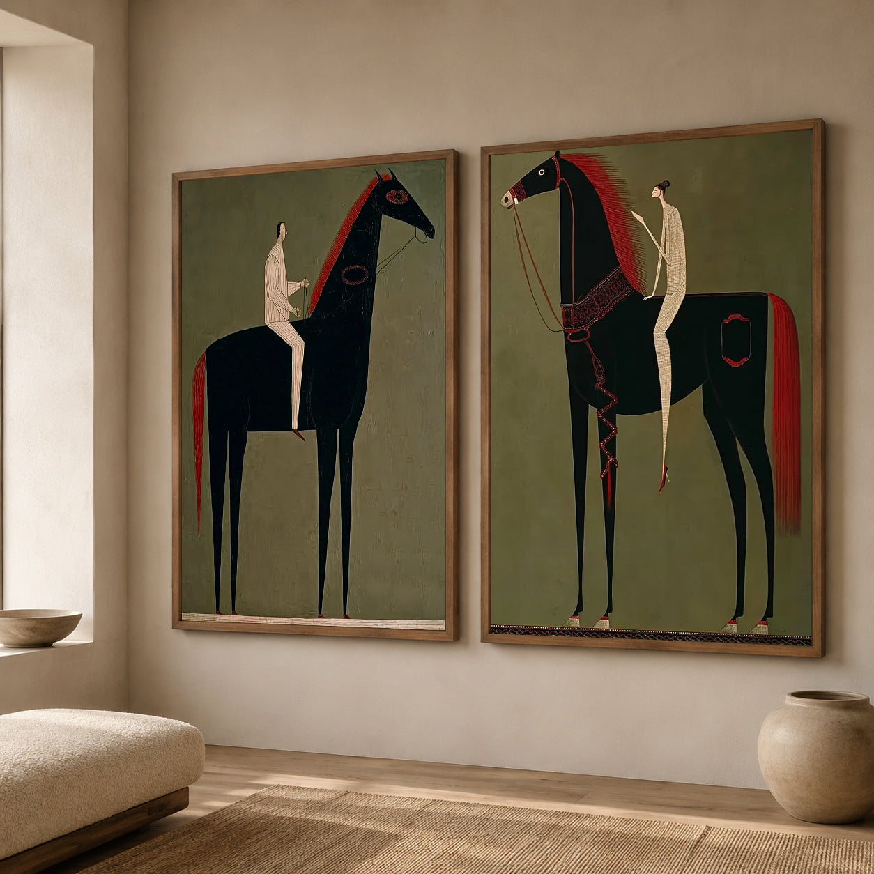 Modern Equestrian Art Set Of Two Black Horse Paintings For Living Room Decor
