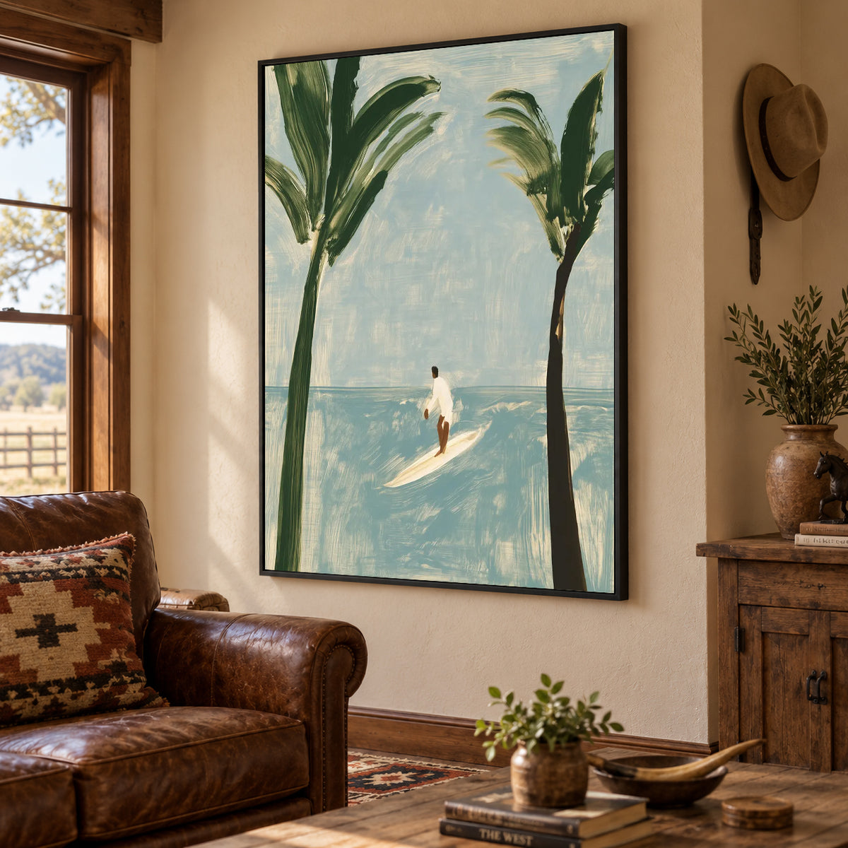 Surfer And Palm Trees Canvas Painting Modern Blue Beach Wall Art