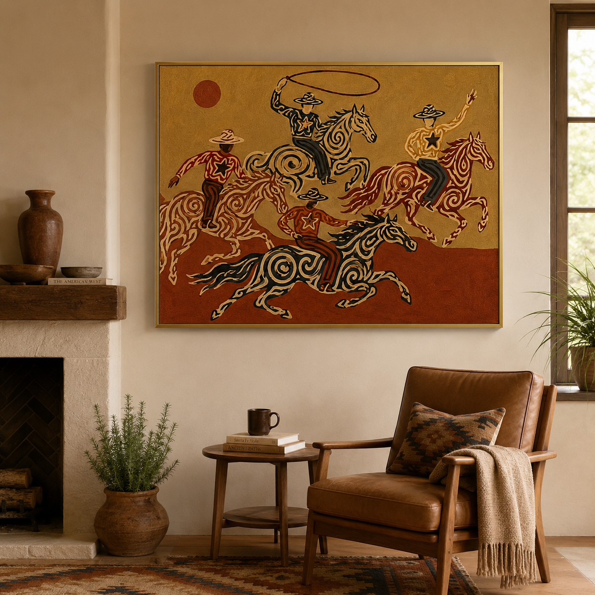 Cowboy And Horse Canvas Painting With Lasso For Western Home Decor