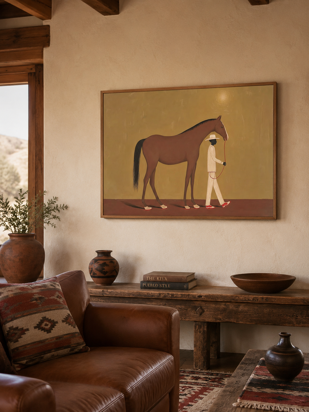 Warm Ochre Decor Figurative Art Man Leading Horse Original Oil Painting Style