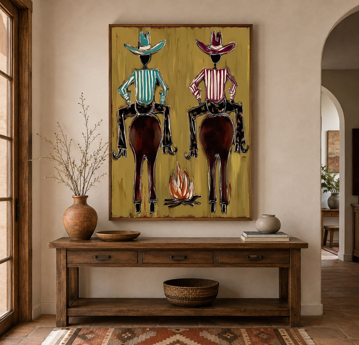 Hand-Painted Cowboy And Horse Canvas Painting With Campfire In Brown And Gold