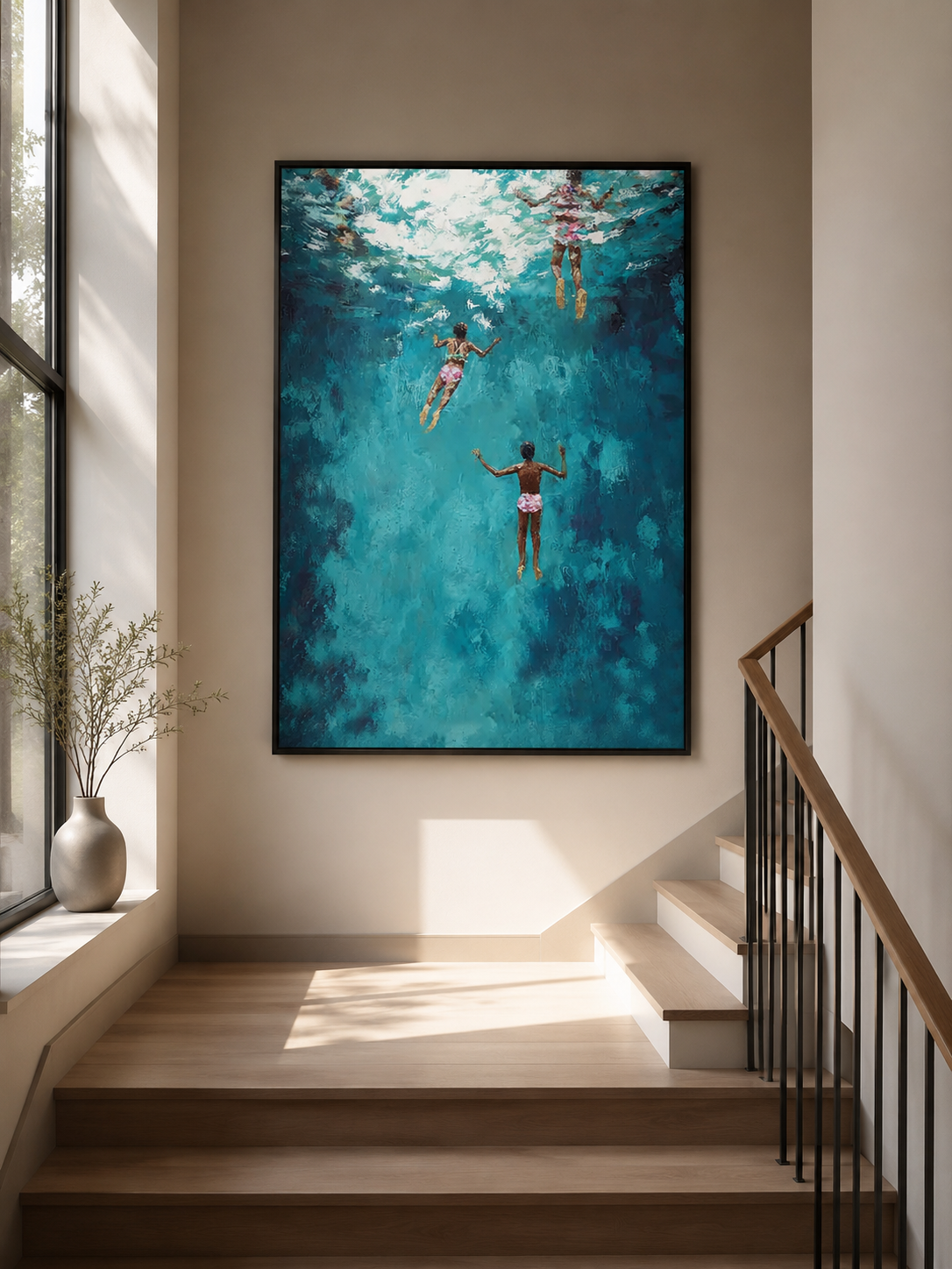 Large Blue Ocean Painting For Coastal Living Room With Figurative Swimmers And Textured Waves