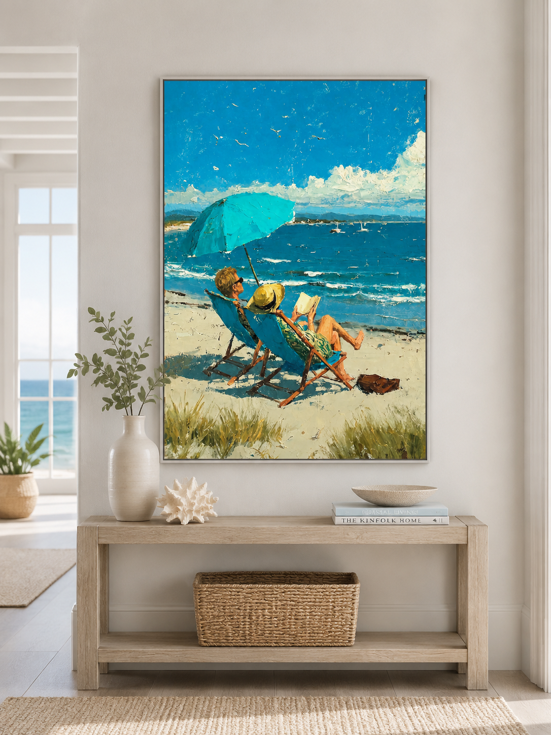 Original Beach Scene Oil Painting With Blue Sea And Umbrella For Coastal Living Room Wall Decor