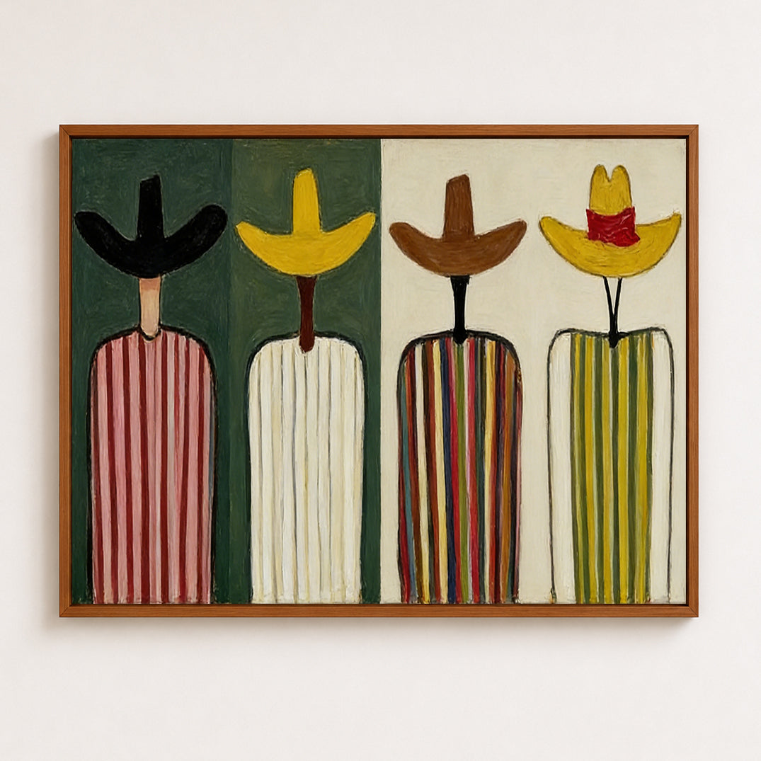 Retro Folk Art Painting Abstract Figures In Striped Hats For Modern Home Decor