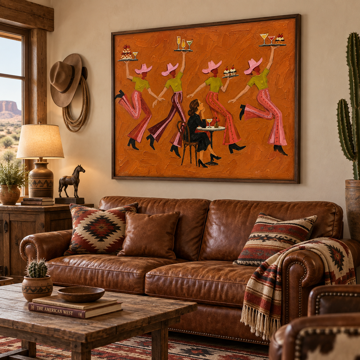 Narrative Western Cafe Canvas Art, Whimsical Cowgirl Dancing Canvas Painting, Retro Diner Wall Decor,