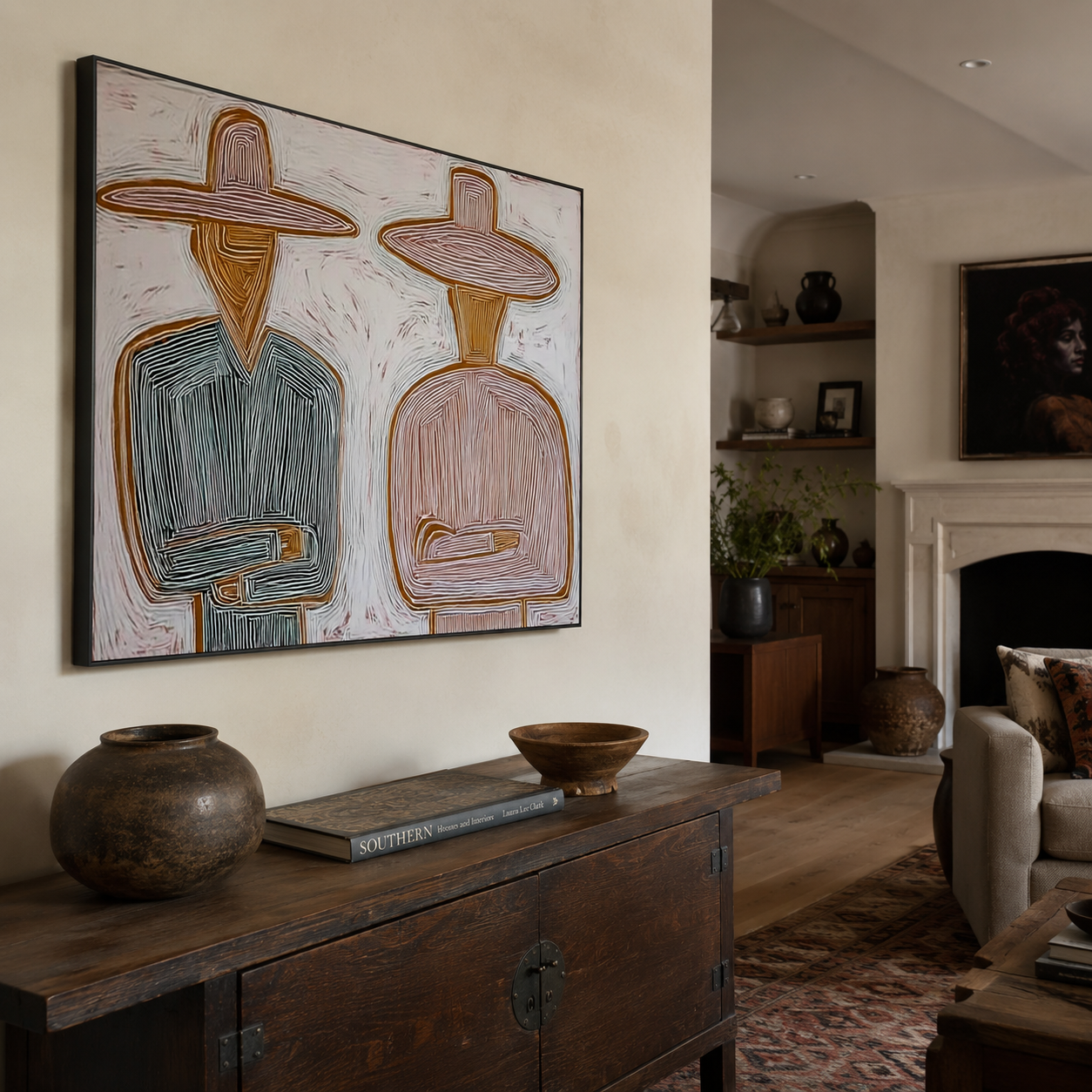 Mediterranean Minimalist Figure Painting With Earthy Tones For Modern Living Room Wall Art
