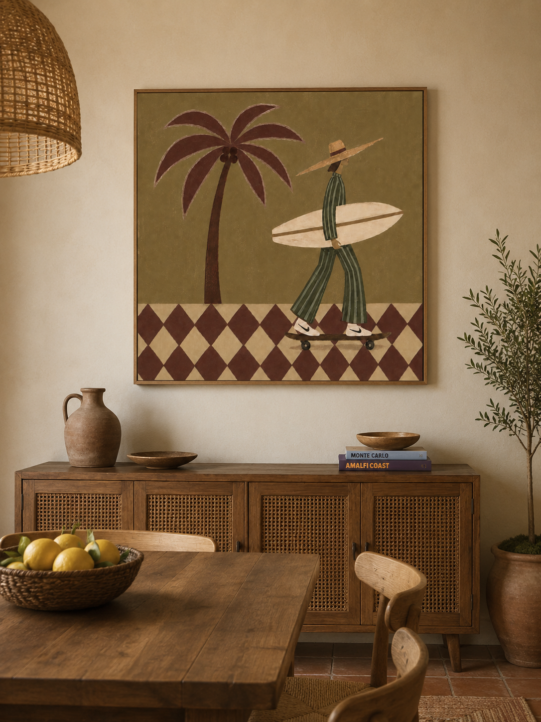Vintage Surfer Girl Painting With Palm Tree And Checkerboard Pattern For Modern Home Decor