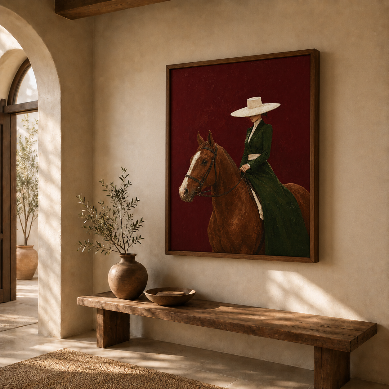 Minimalist Figurative Art Print Of Lady And Horse In Green Dress Against Crimson Wall For Study
