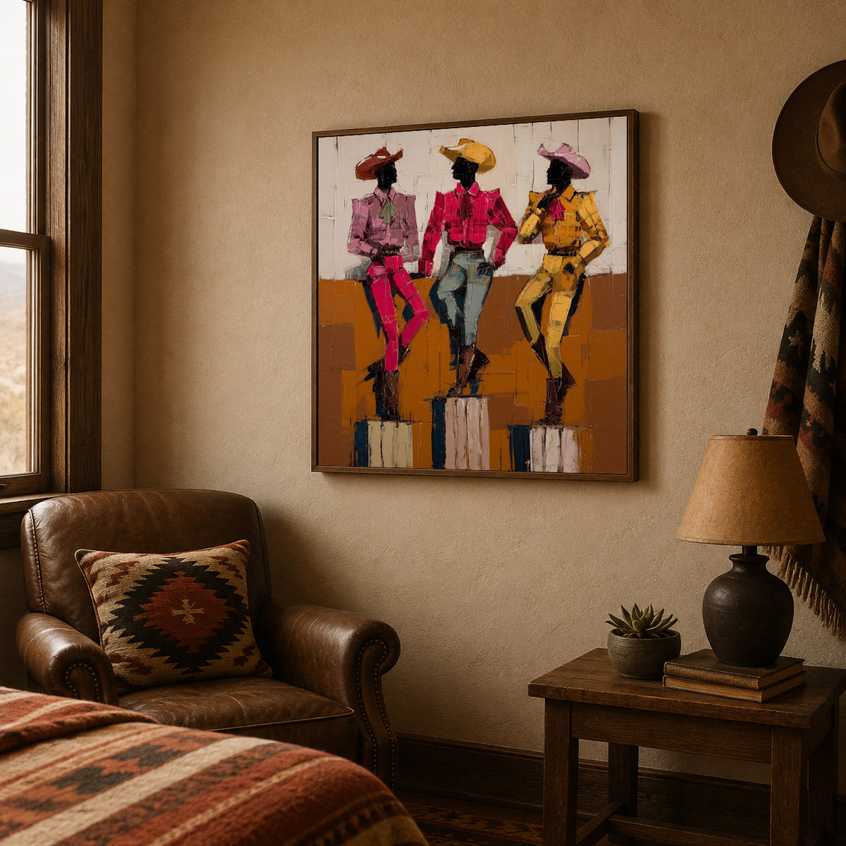 Hand-Painted Cowboy Group Canvas Art In Vintage Pink Yellow Blue Tones For Western Home Decor