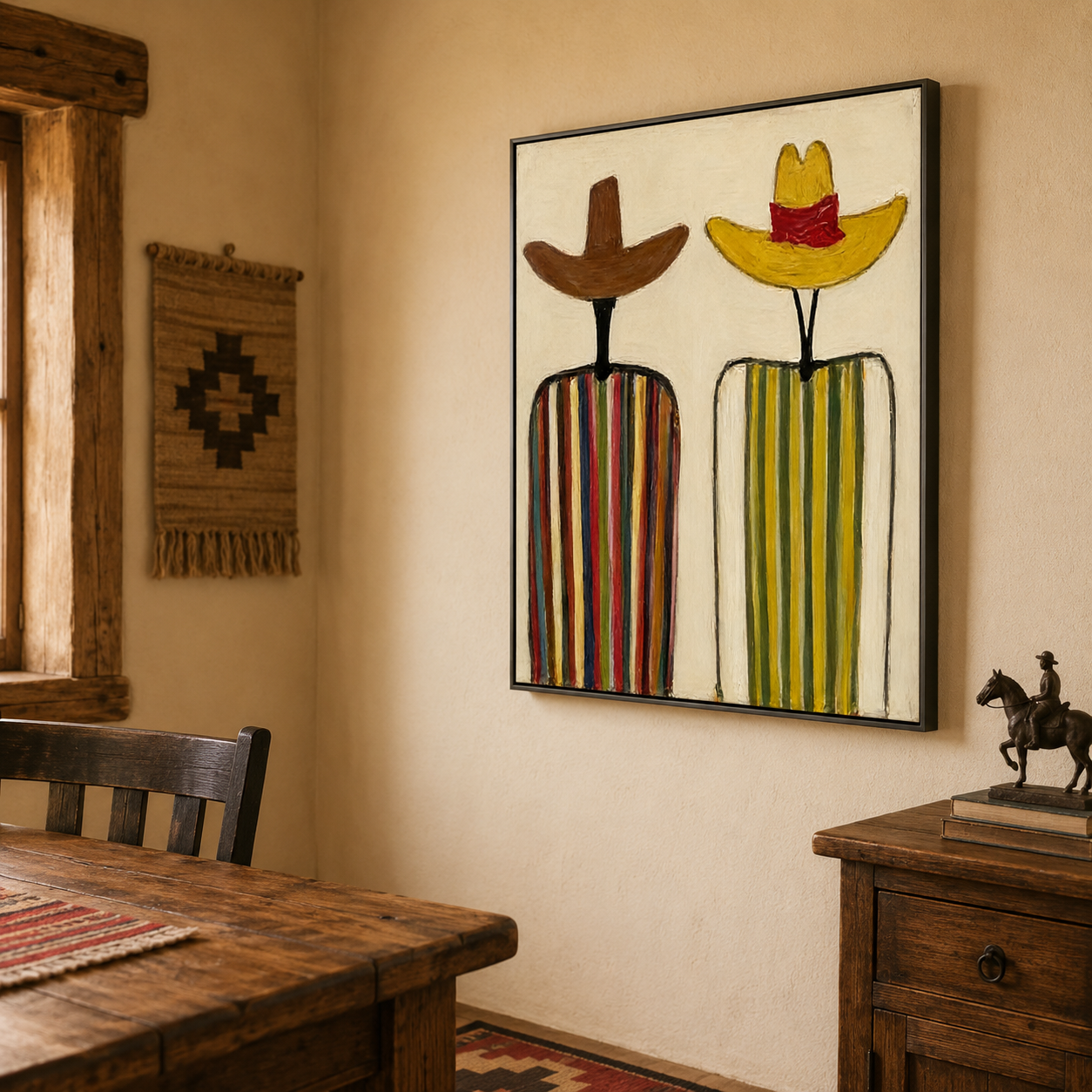 Abstract Figurative Oil Painting With Rustic Hats And Vibrant Colors For Hallway