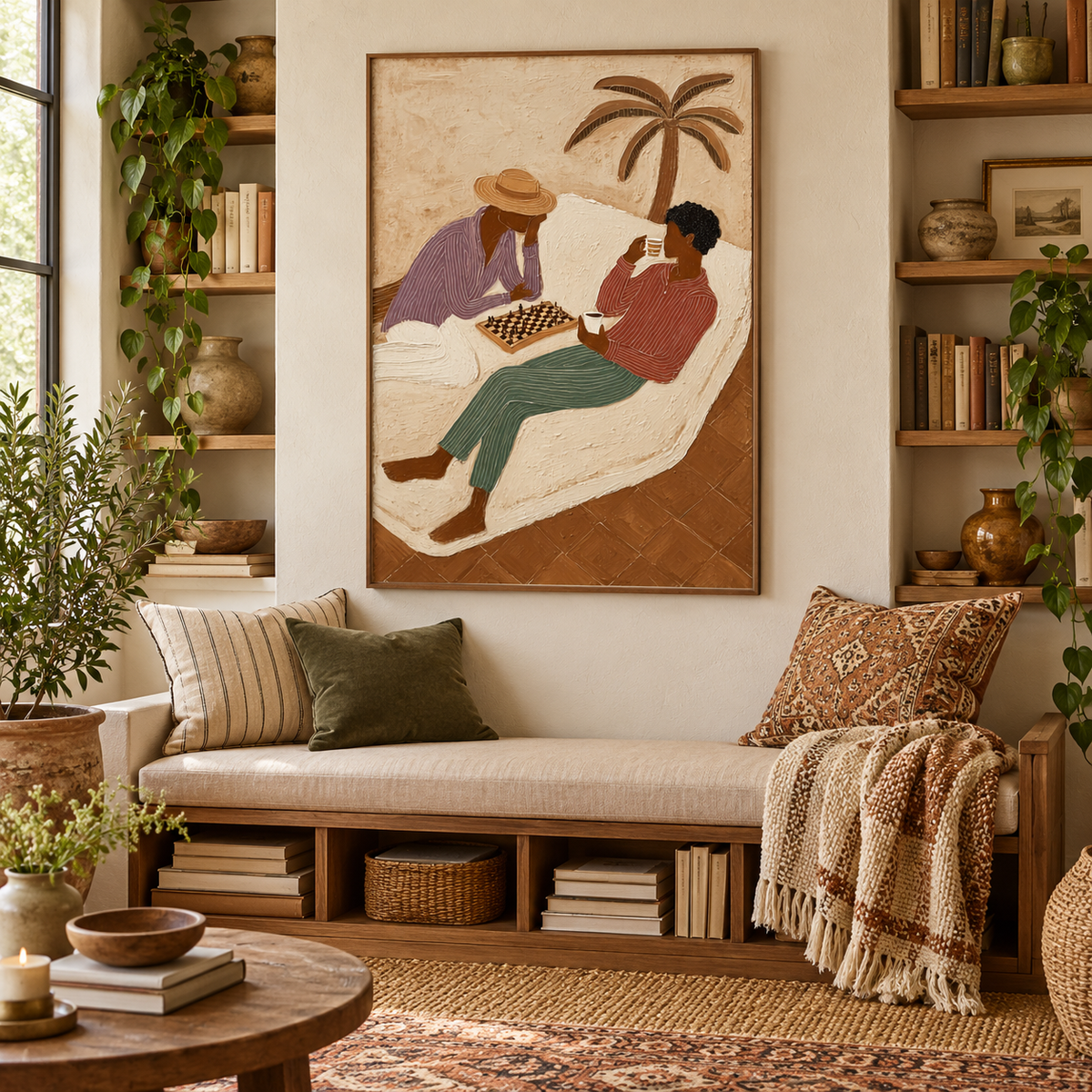 Figurative Chess Painting With Palm Tree And Coffee For Wall Decor
