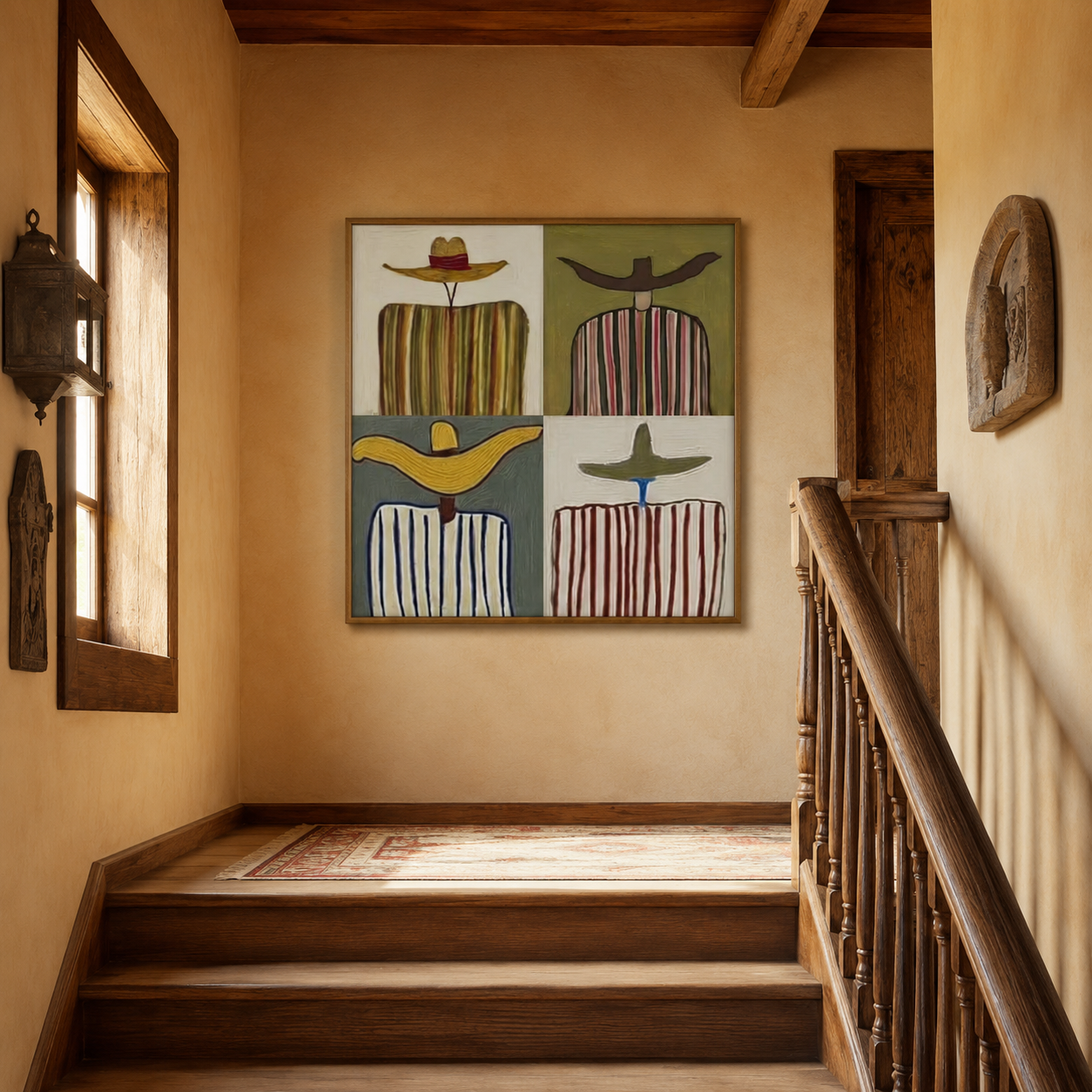 Southwestern Abstract Art With Sombreros For Modern Living Room Decor Original Oil Painting
