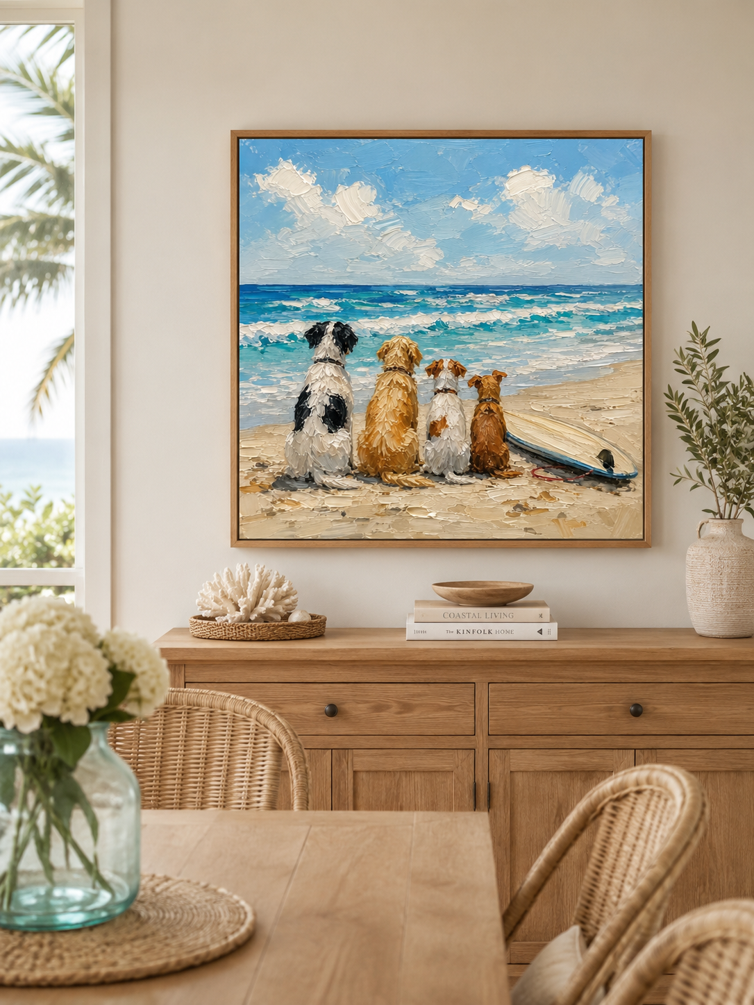 Hand Painted Dogs Watching Ocean Waves Impasto Beach Art For Dog Owners Gift