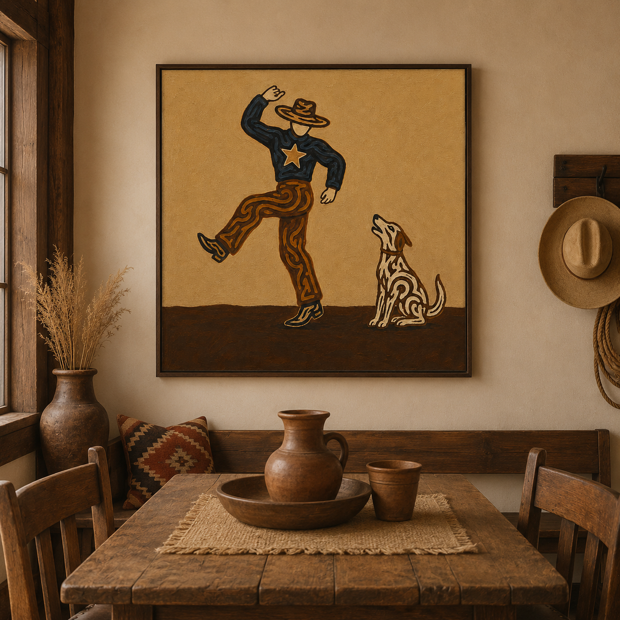 Dancing Cowboy And Dog Painting Retro Western Decor For Living Room