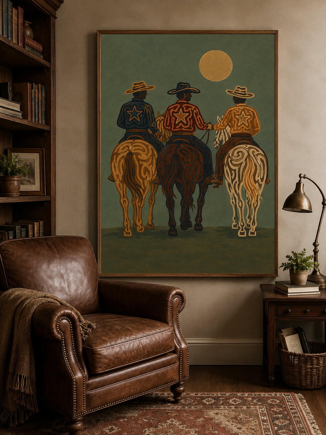 Three Cowboys Painting, Western Horse Riders, Rustic Southwestern Ranch Wall Art