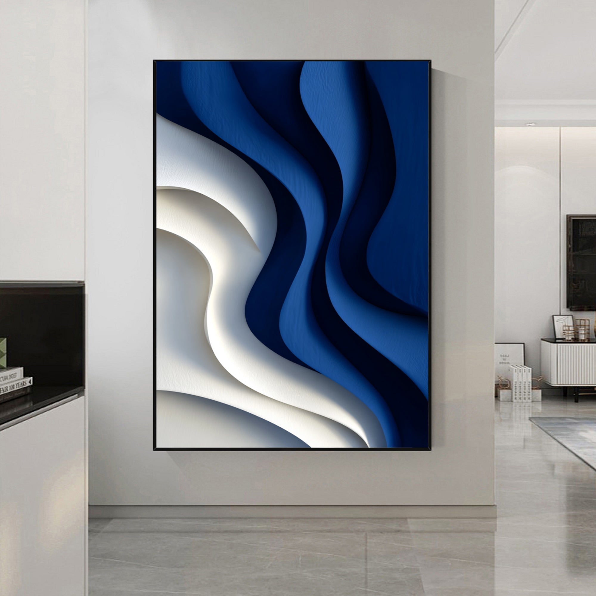Blue 3D Textured Wall art Blue Sculptured art Painting Wood Block Art