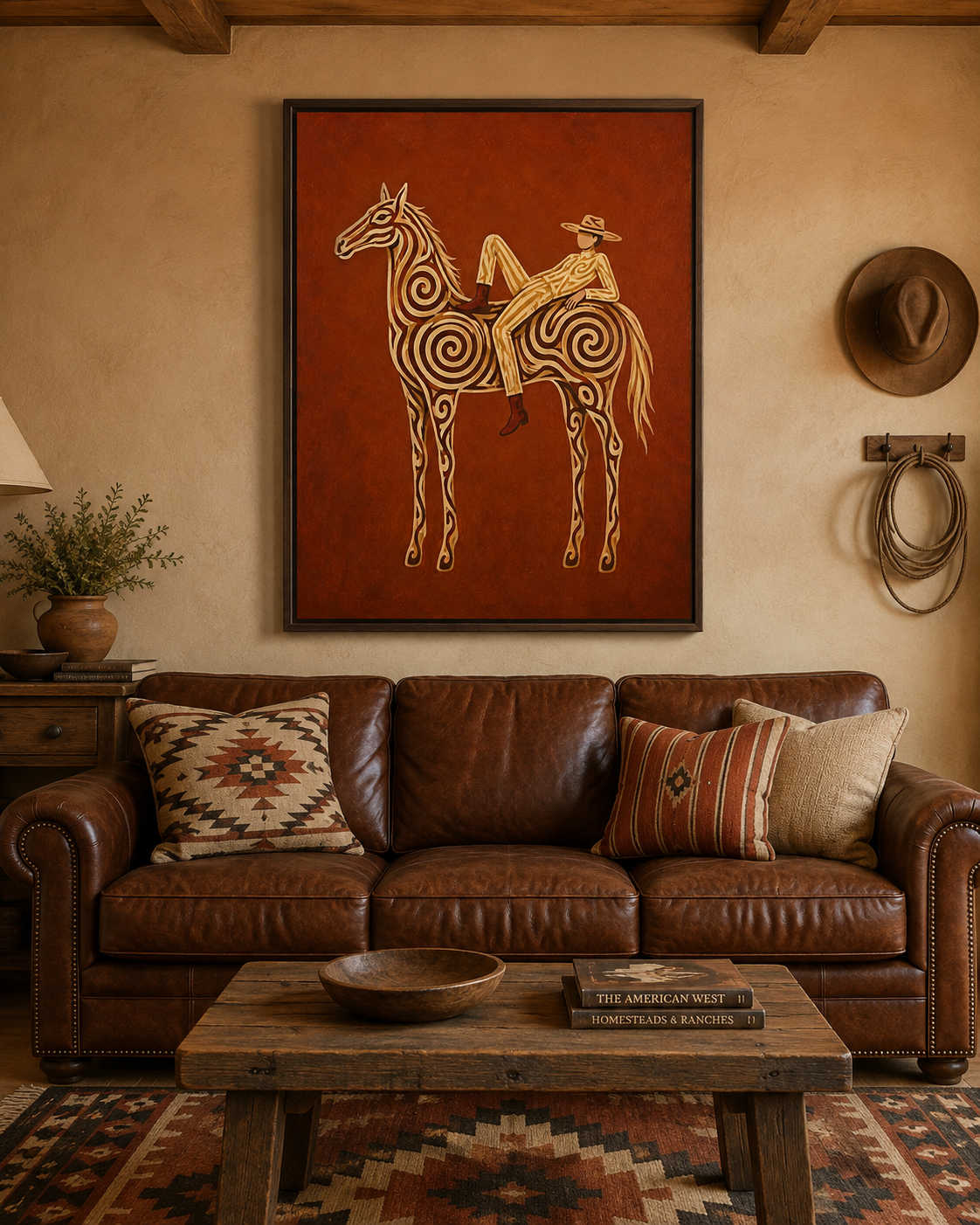 Neutral Earth Tone Cowgirl Wall Art, Terracotta Horse Canvas Art, Boho Western Home Decor