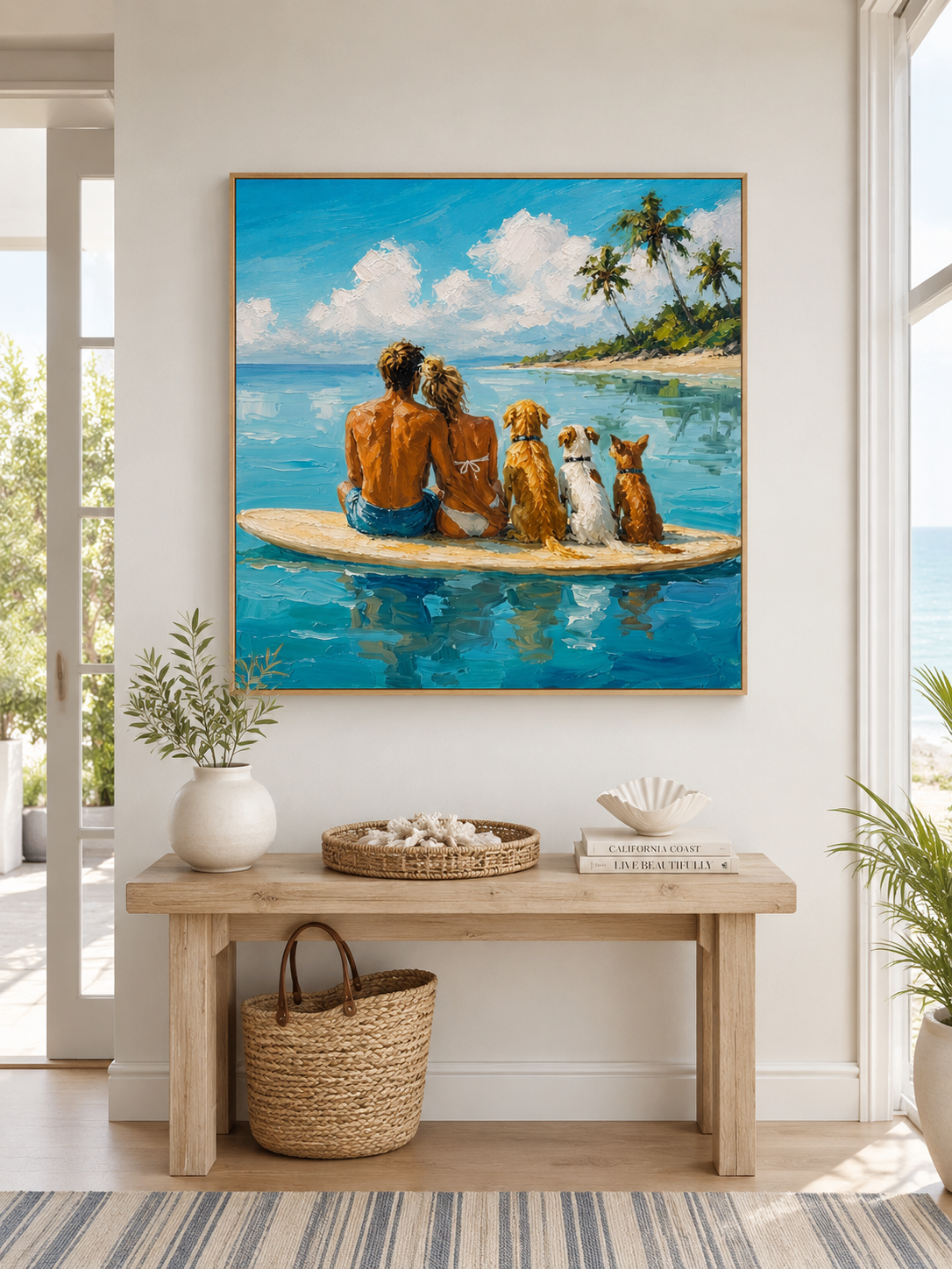 Summer Seascape Artwork Romantic Beach Painting With Dogs On Surfboard For Living Room Decor