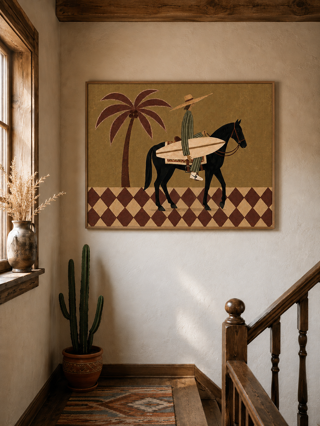 Olive Green Canvas Art With Diamond Floor Pattern And Rider Silhouette For Boho Chic Interior