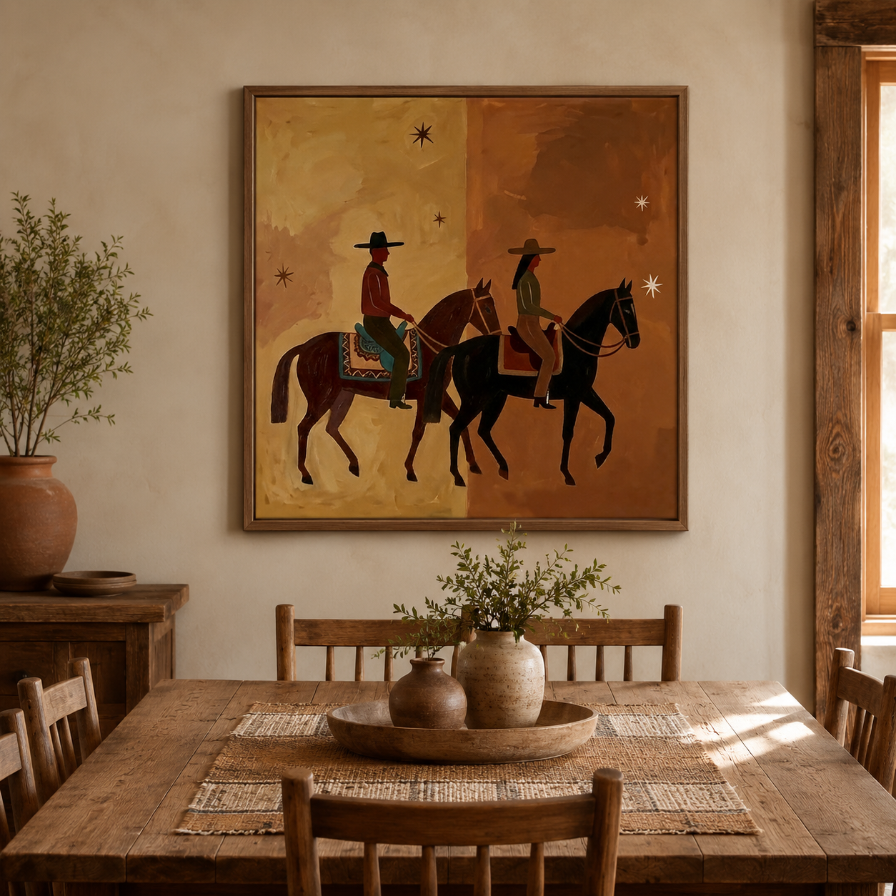 Modern Western Cowboy Horse Painting Earth Tones Wall Art For Rustic Home Decor