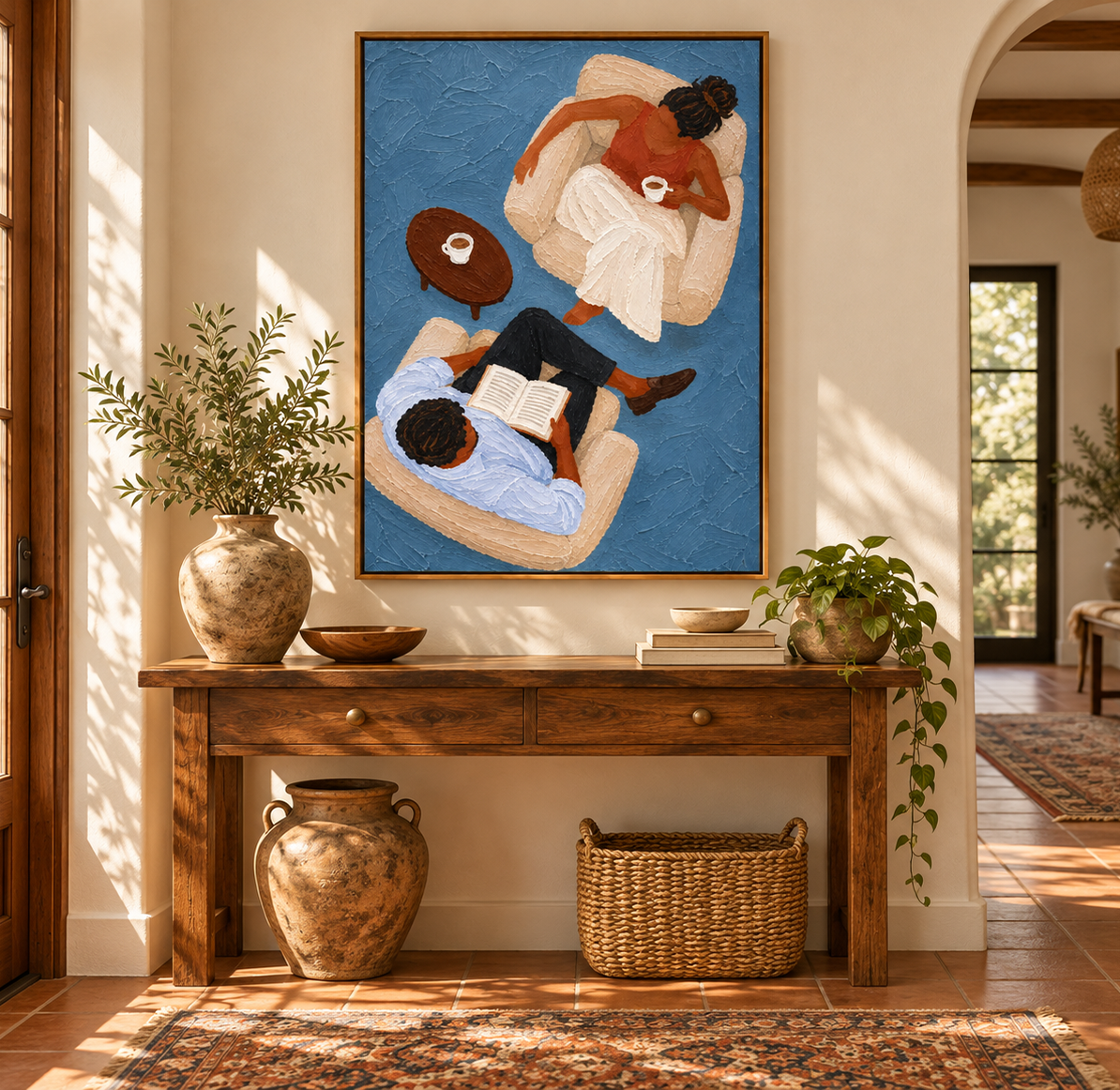 Couple Reading With Coffee Hand-Painted Canvas Art In Blue And Brown Tones