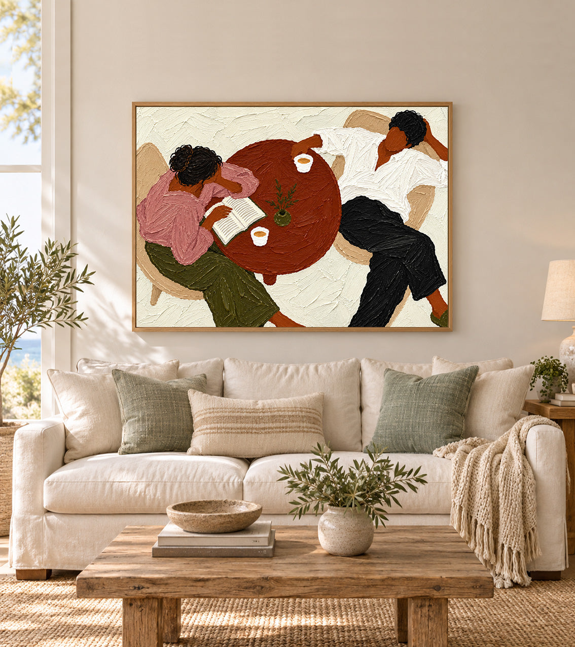 Lazy Sunday Couple Oil Painting, Cozy Reading Wall Art, Neutral Textured Figurative Canvas