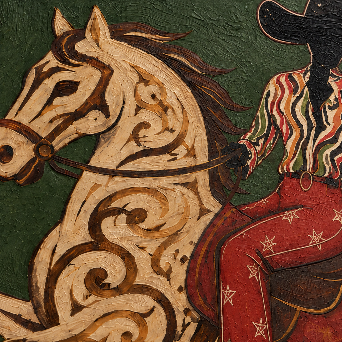 Cowboy And Horse Canvas Painting With Green Background Original Art