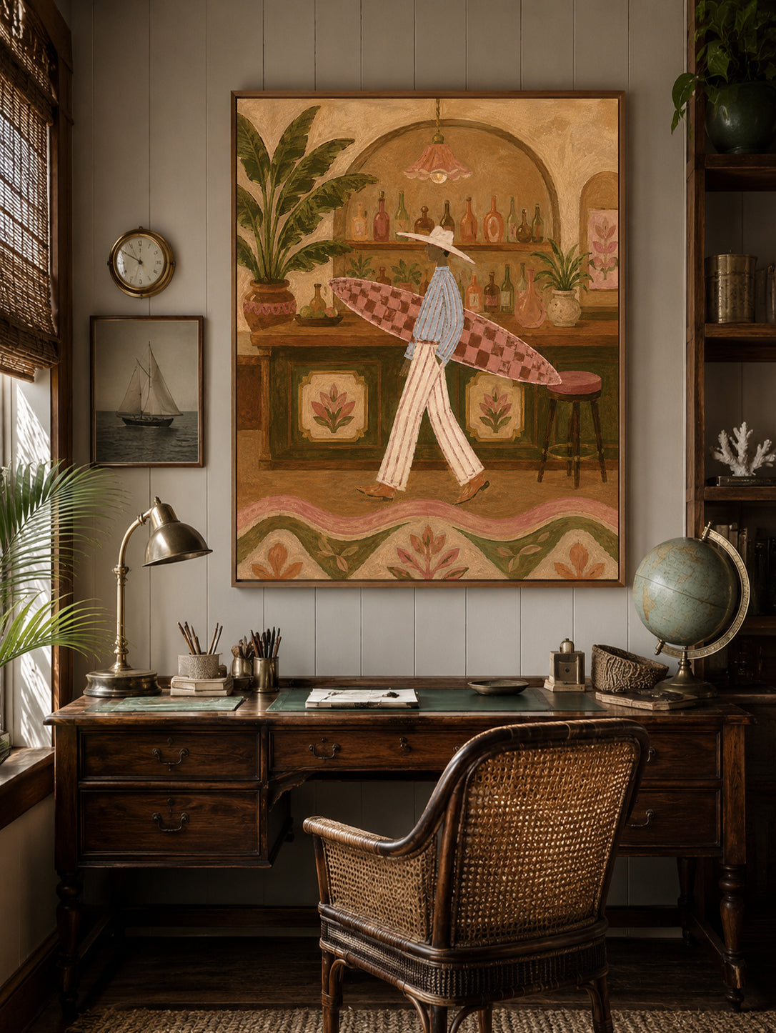 Retro Surfer Woman Painting, Coastal Bar Art, Vintage Resort Wall Decor Surfboard Wall Art