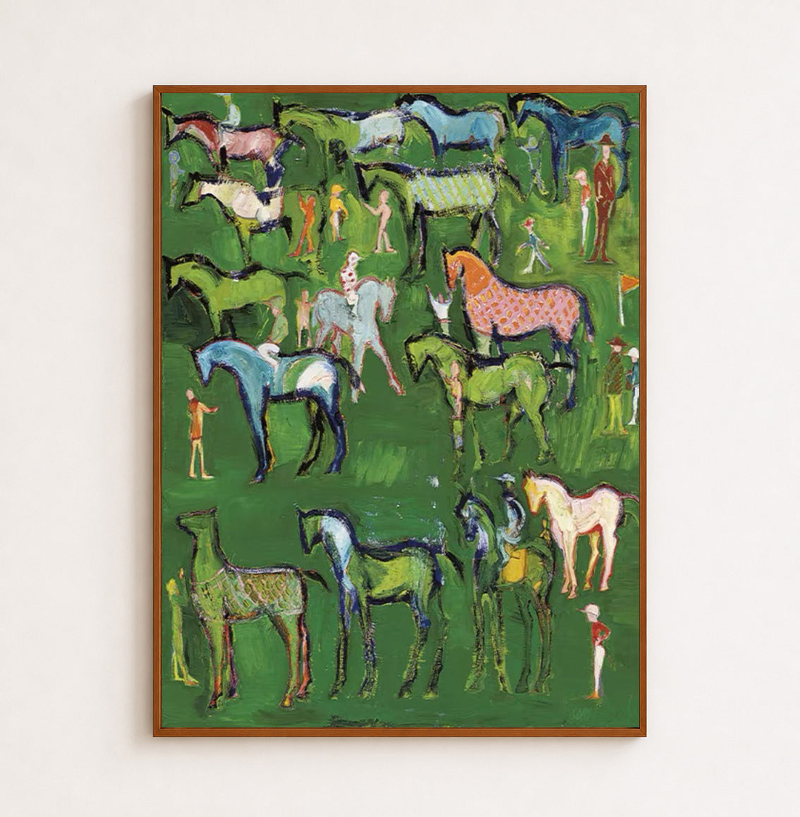Hand-Painted Folk Horse Painting With Colorful Horses On Green Canvas Art