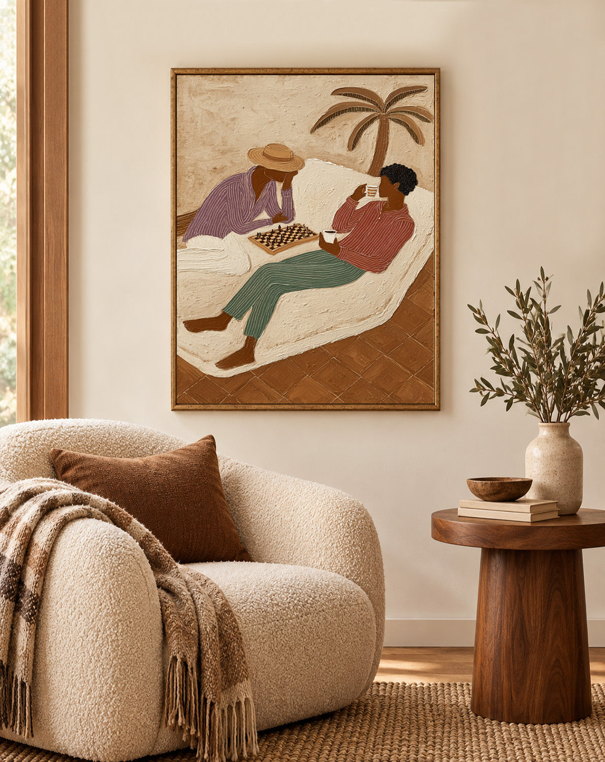 Figurative Chess Painting With Palm Tree And Coffee For Wall Decor