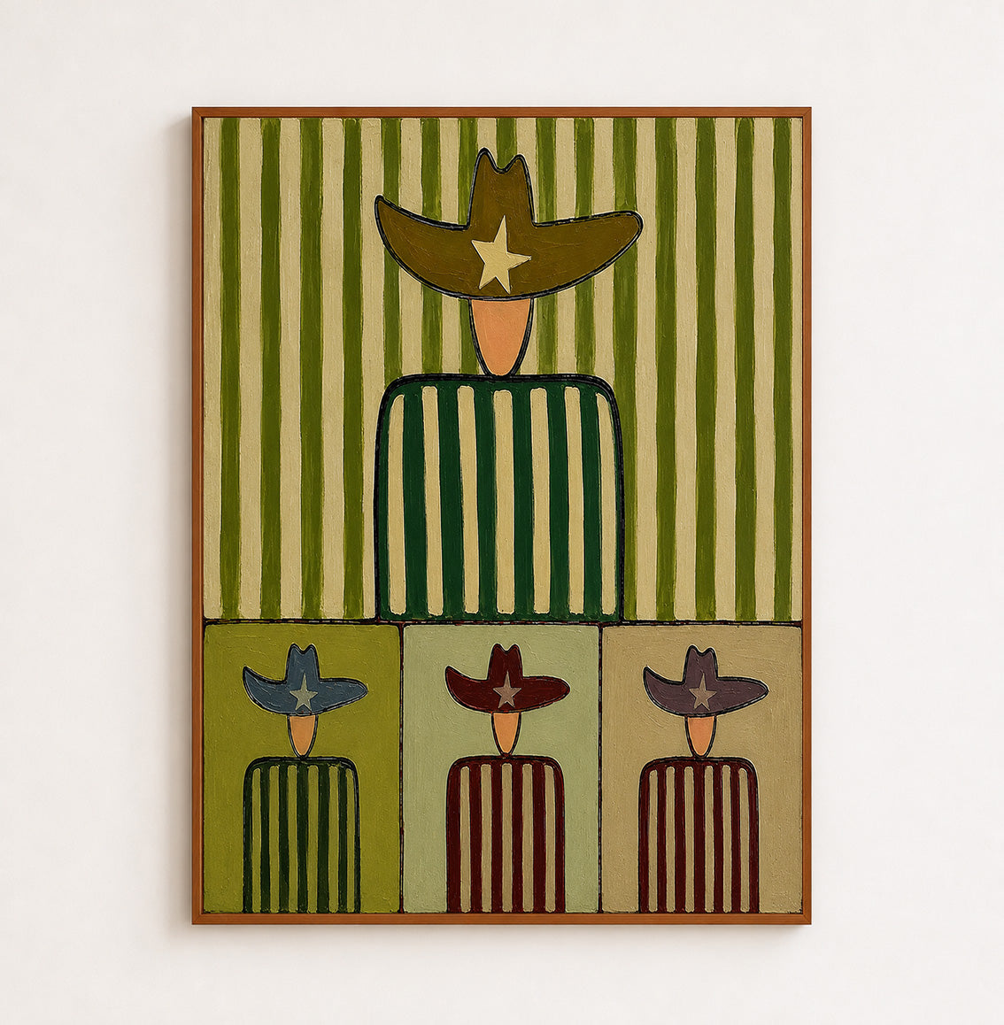 Mid Century Modern Abstract Cowboy Painting With Striped Patterns For Retro Home Decor