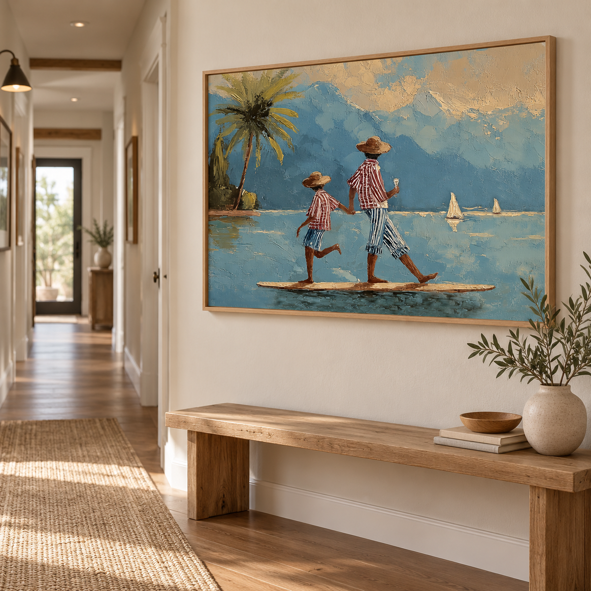 Whimsical Paddleboard Canvas Art, Mediterranean Water Walking Wall Decor, Retro Coastal Nautical Painting