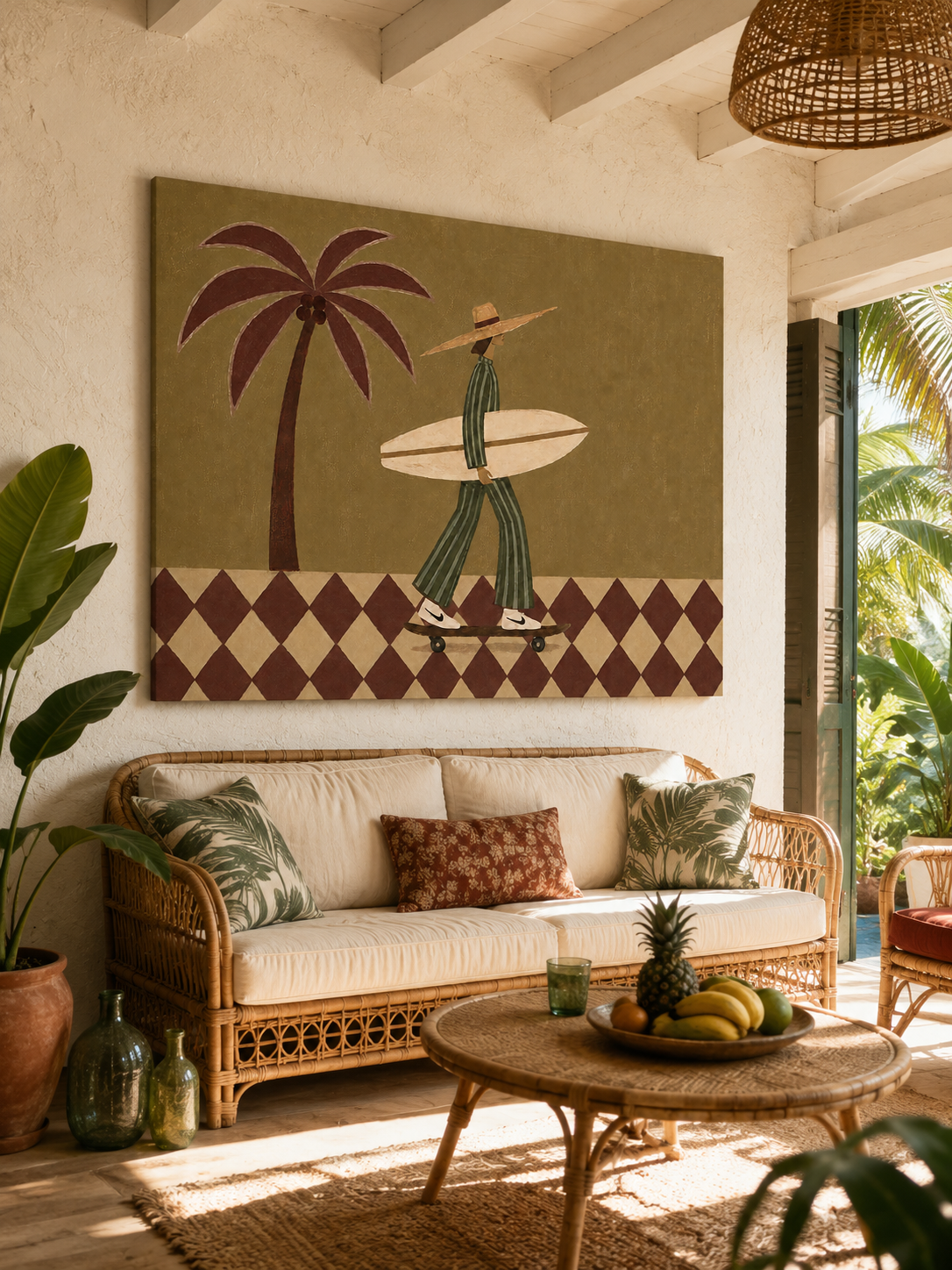 Retro Surf Art With Palm Tree And Skateboard For Modern Living Room Wall Decor