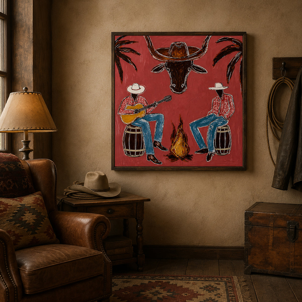 Cowboy And Longhorn Steer Canvas Painting With Campfire Scene Rustic Red Painting