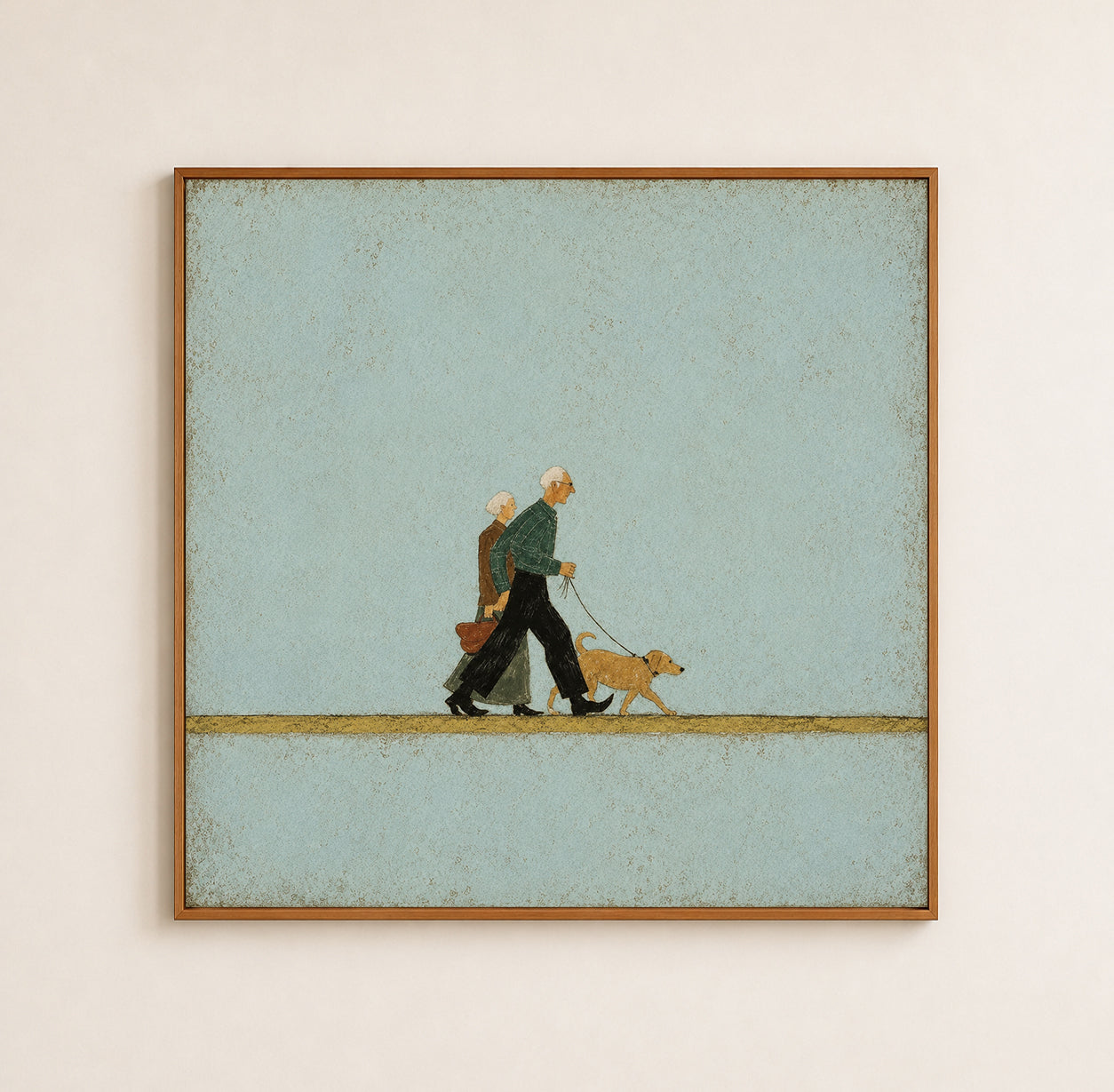 Vintage Dog Walking Painting For Pet Owners Retro Wall Art With Elderly Couple And Teal Background