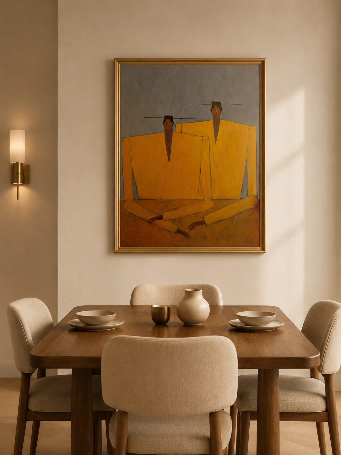 Hand-Painted Figurative Abstract Portrait Painting- Modern Yellow Statement Piece for Living Room