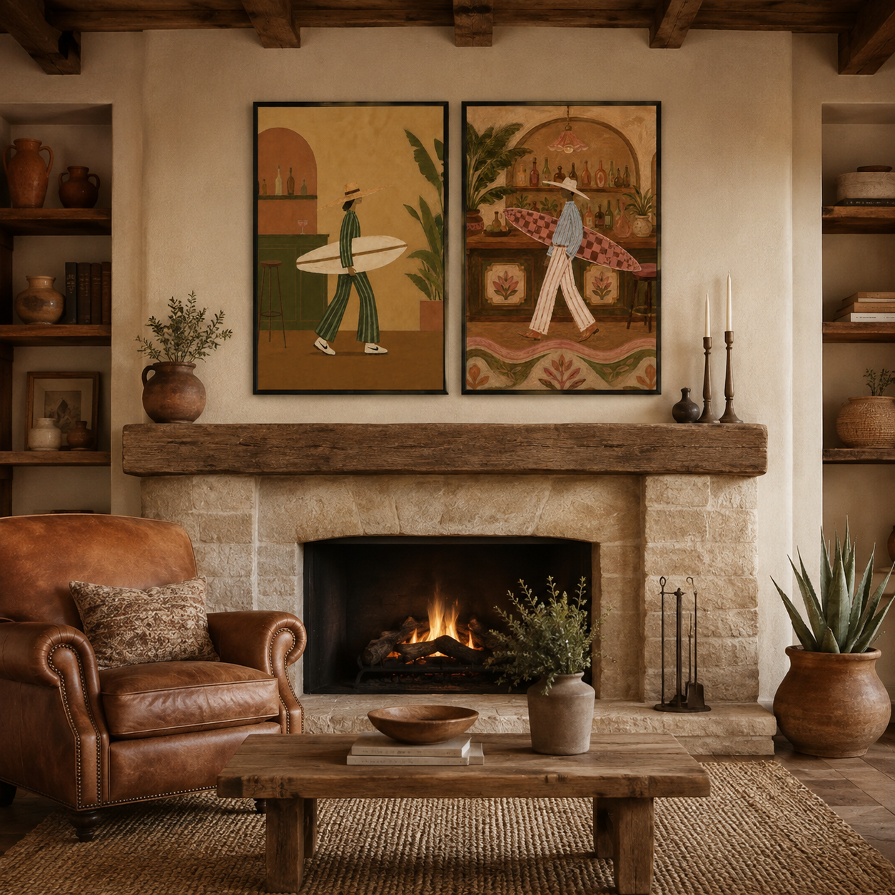 Retro Surfing And Bar Illustration Wall Art Set Of 2, Vintage Bohemian Aesthetic Canvas Painting For Living Room