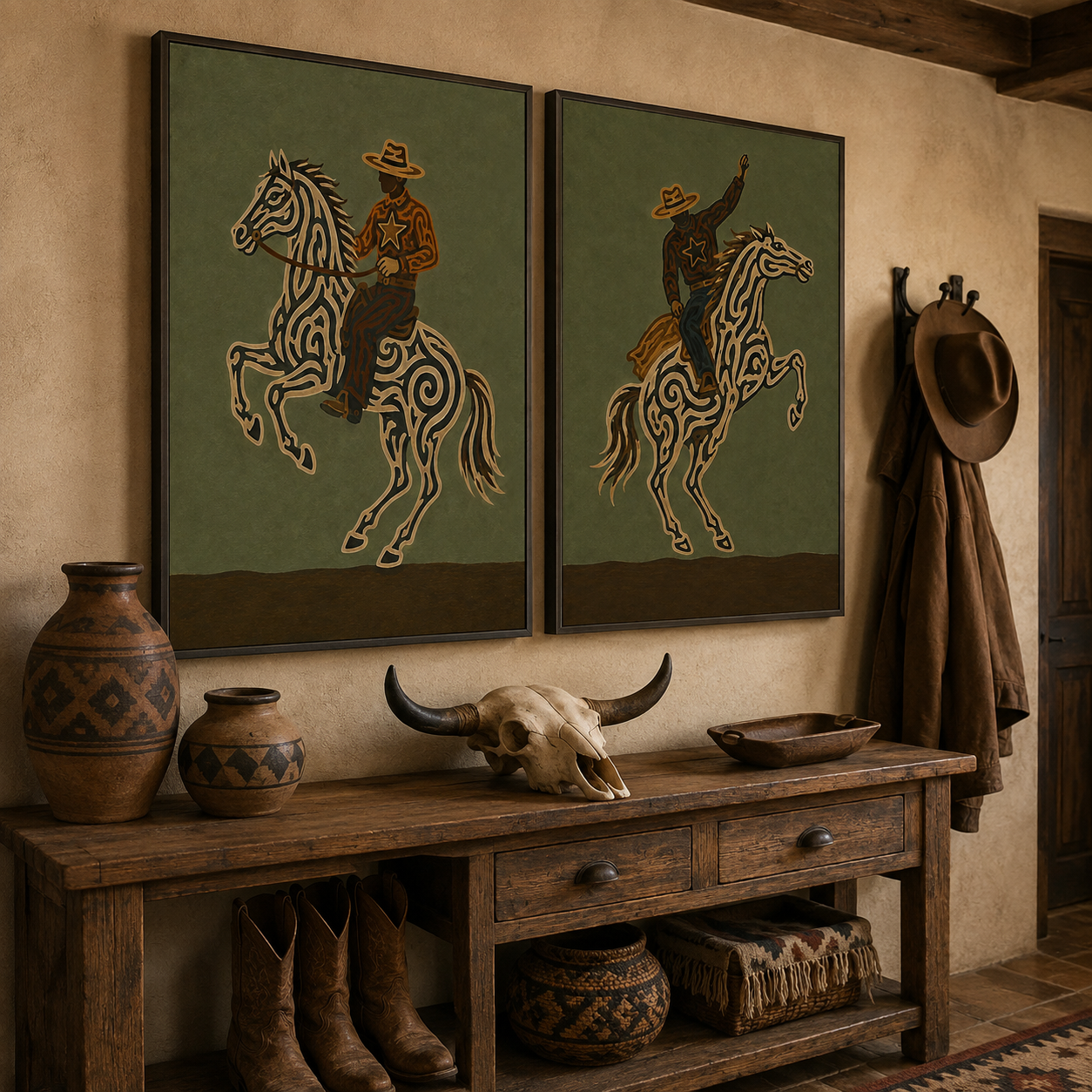 Vintage Western Cowboy Horse Art Olive Green Wall Decor For Living Room Rustic Home