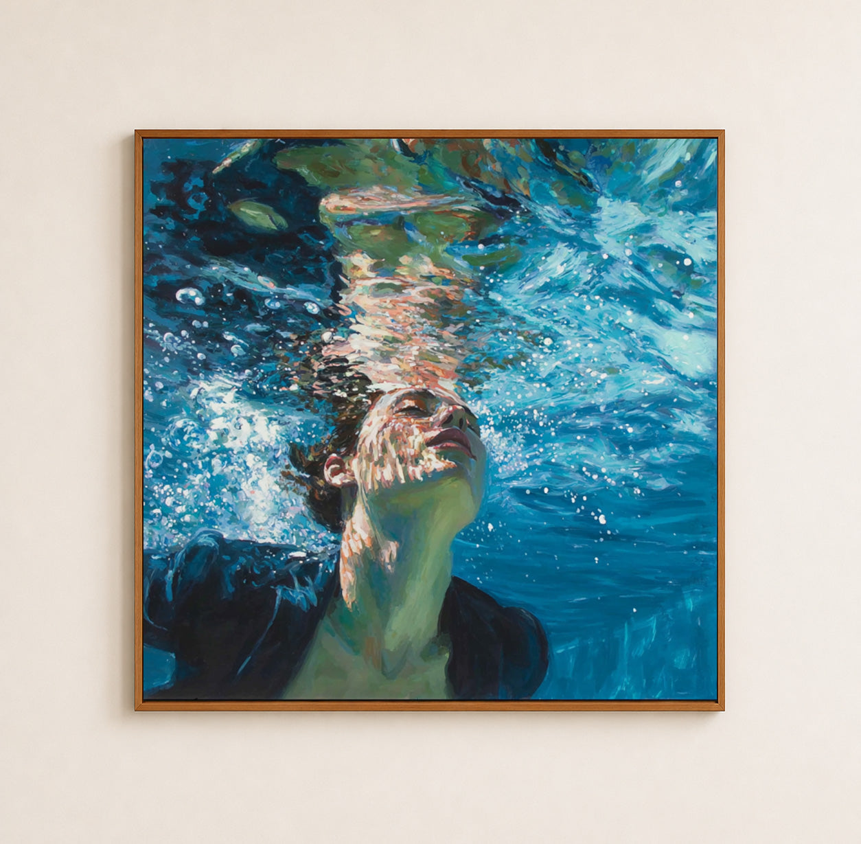 Modern Underwater Figure Painting With Bubbles And Blue Waves For Living Room Decor