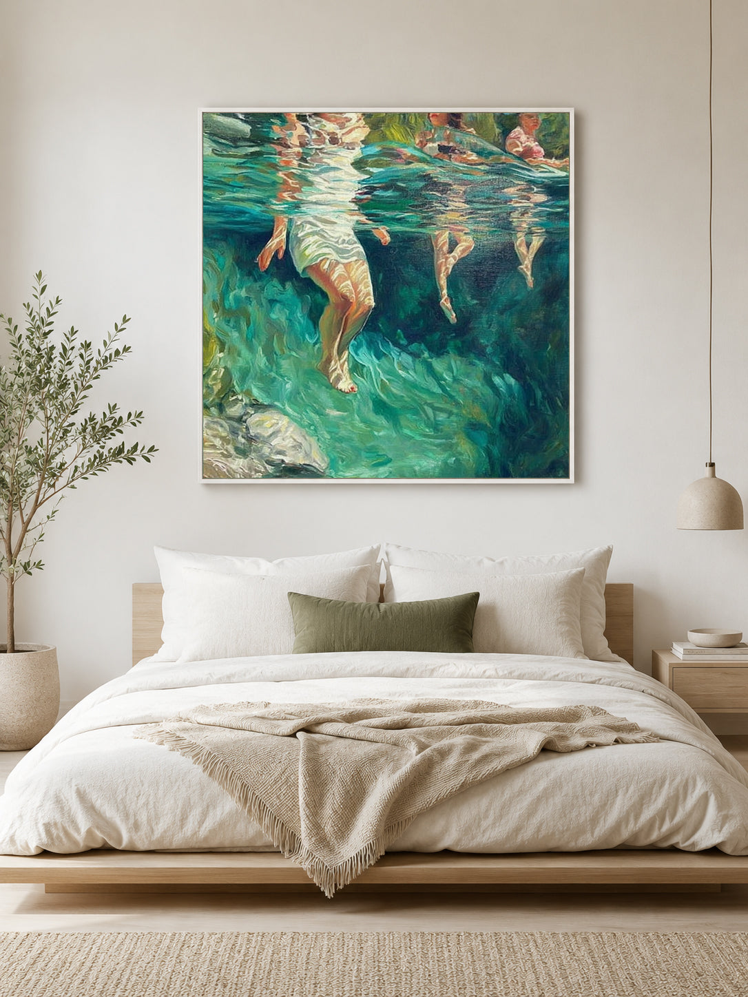 Summer Stream Oil Painting With Submerged Figures For Modern Home Decor