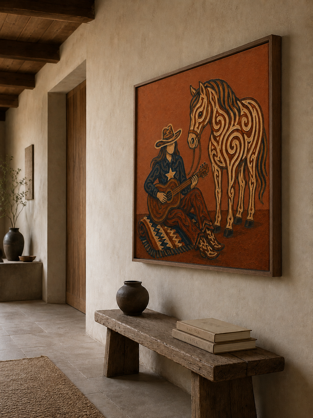 Cowgirl With Horse Guitar Art, Western Music And Horse Painting, Rustic Ranch Style For Living Room Decor