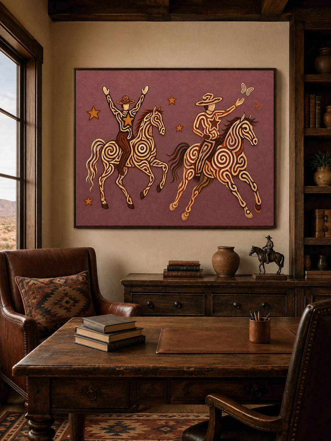 Whimsical Cowboy Cowgirl Painting, Pink Western Horse Art, Southwestern Folk Decor