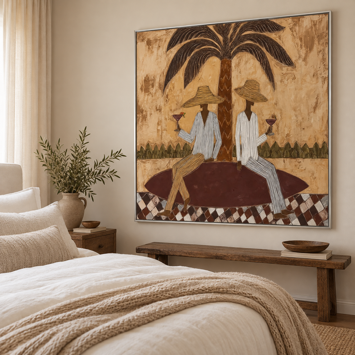 Retro Tropical Figurative Painting With Checkerboard Base Original Canvas