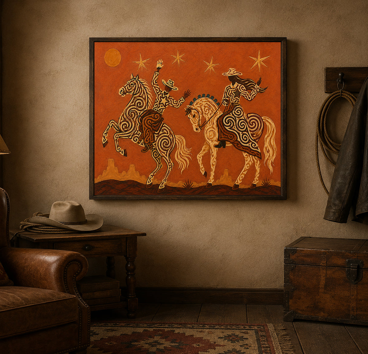 Cowboy Cowgirl Horse Painting, Orange Desert Western Folk Art, Southwestern Riders Decor