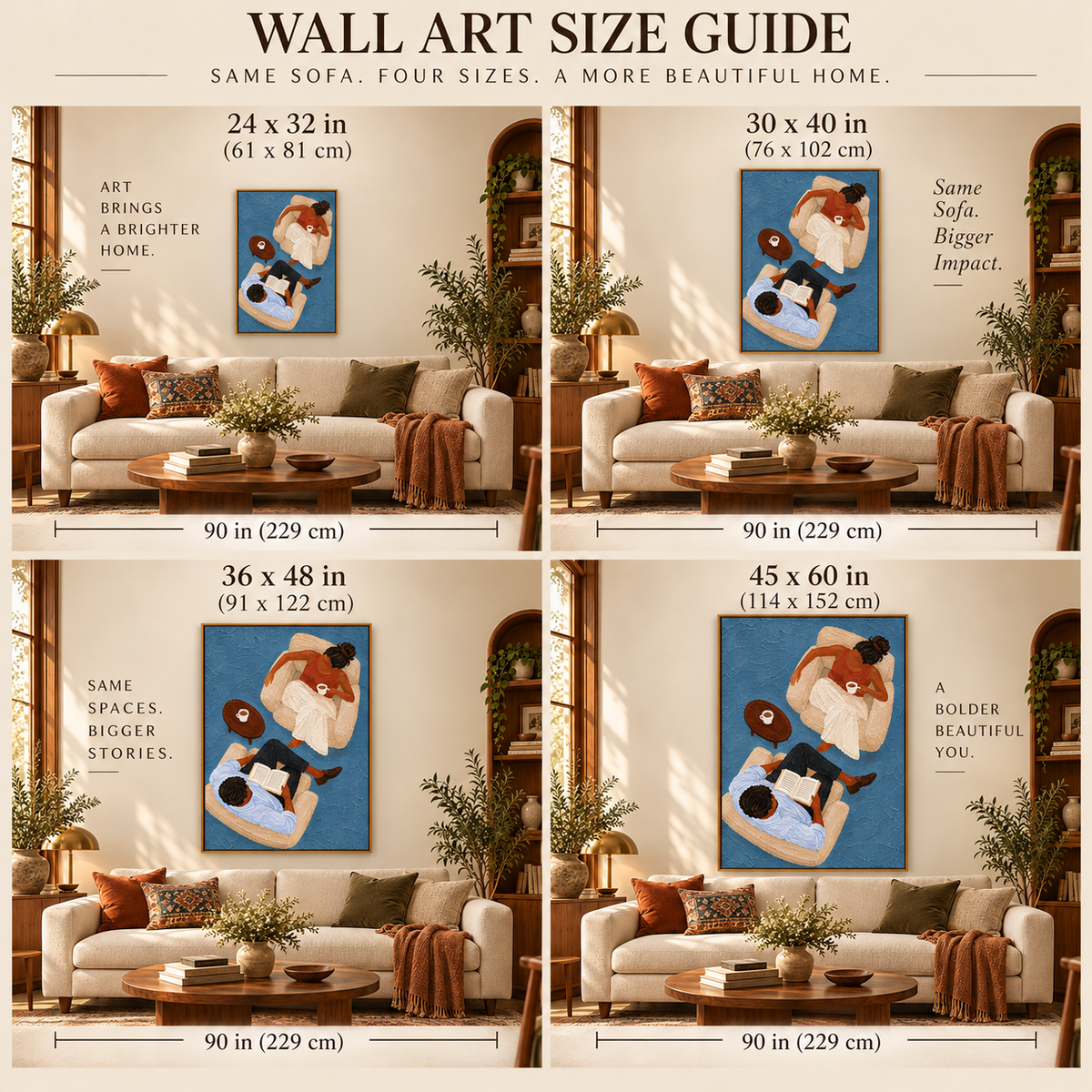 Couple Reading With Coffee Hand-Painted Canvas Art In Blue And Brown Tones